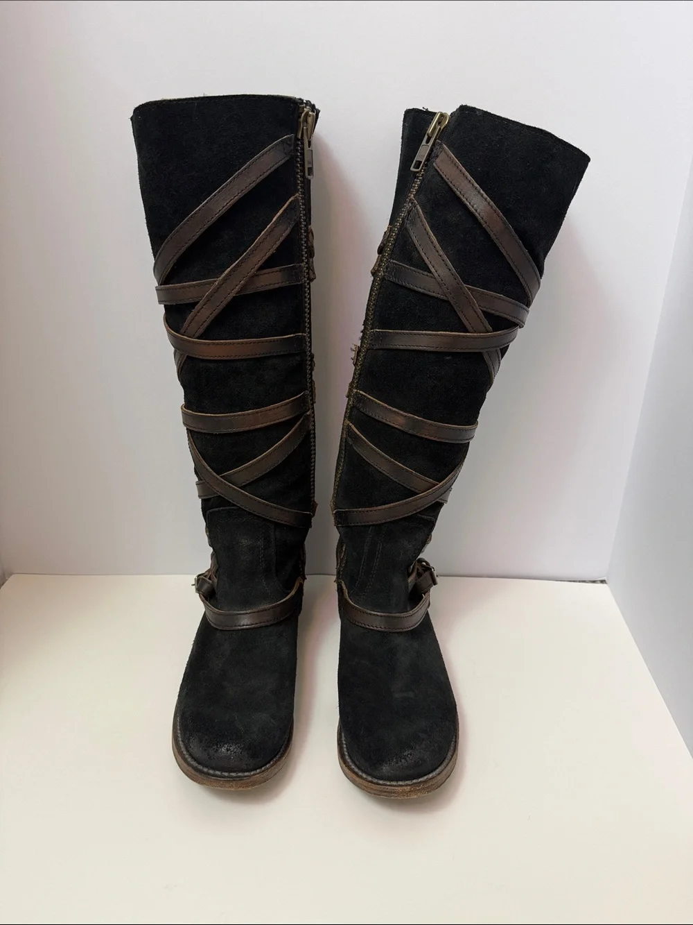 Freebird Women’s Black Garret Suede Tall Boots with Brown Straps‎ Size 7